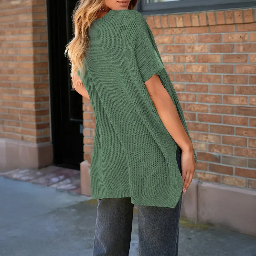2026 Spring/Summer Oversized Cozy Ribbed Knit Top Women’s Crew Neck Short Sleeve Pullover Elegant Solid