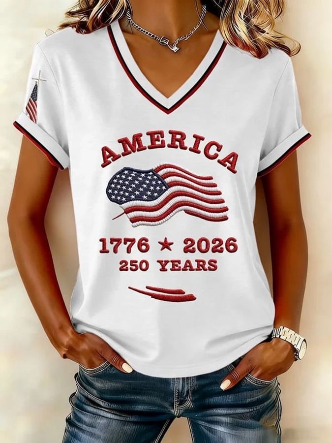 Ladies' Casual 250Th Anniversary Of The Founding Of The United States Printed V-Neck T-Shirt