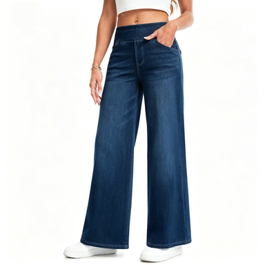 Women's Wide Leg Stretchy Jeans – Elastic High Waist Pull On Baggy Tummy Control Trousers for Casual Work Wear