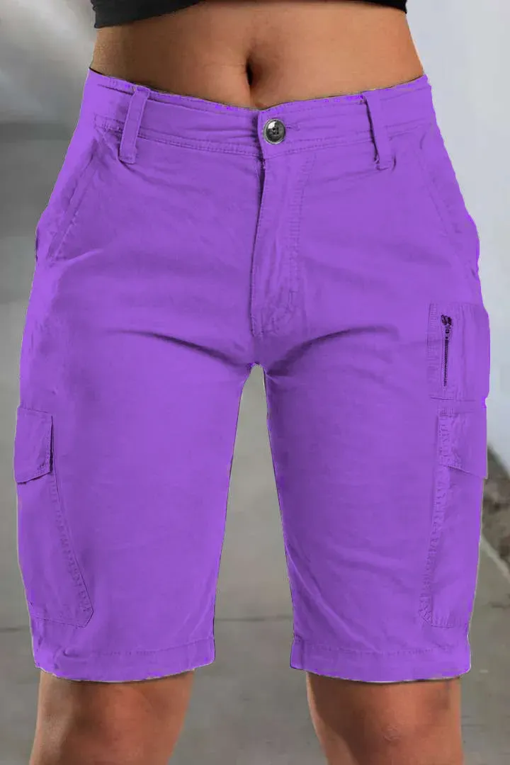 Solid Multi Pocket Mid Rise Bermuda Cargo Shorts