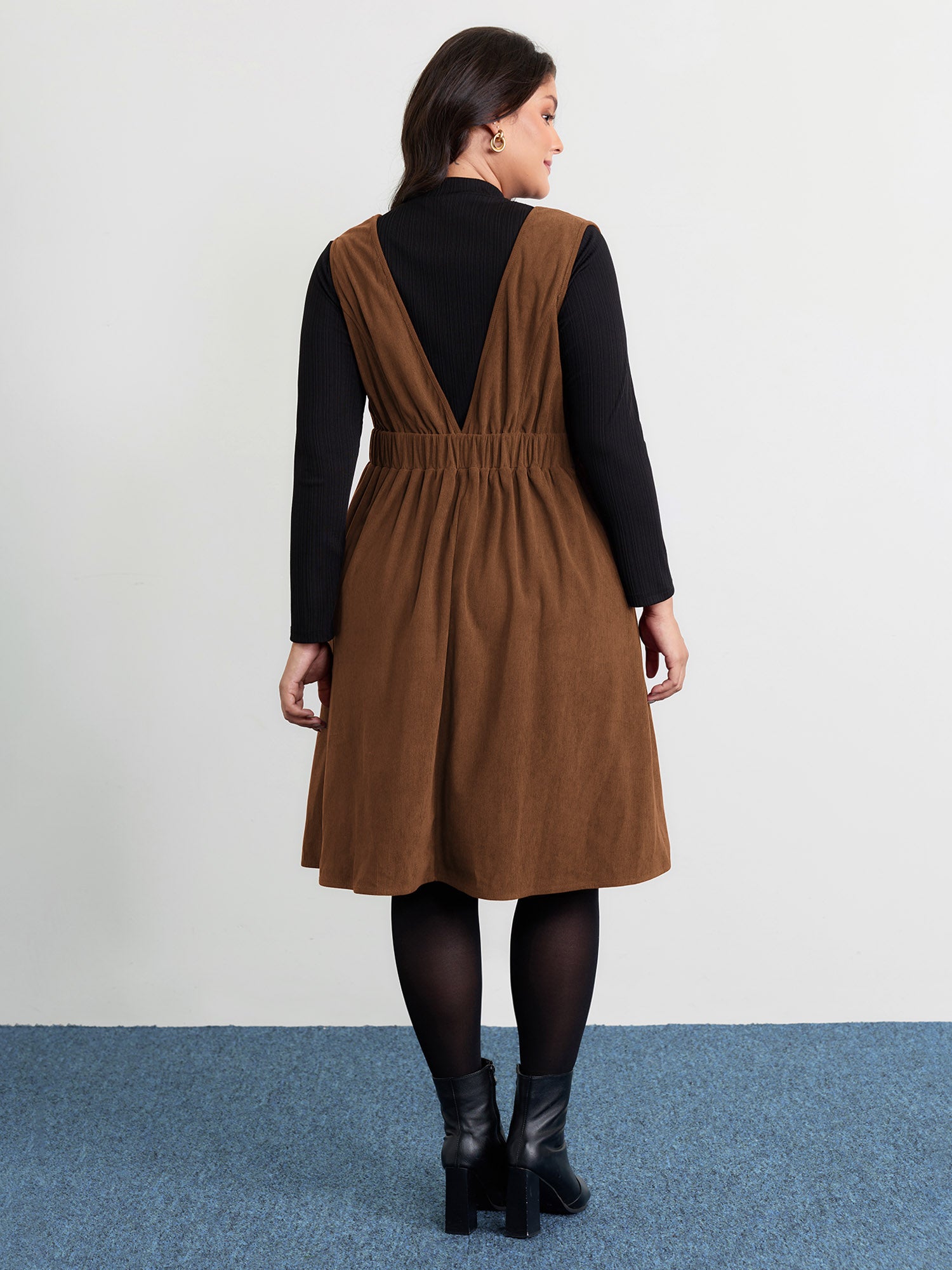 Corduroy Stretchy Waist V-Neck Mini Dress