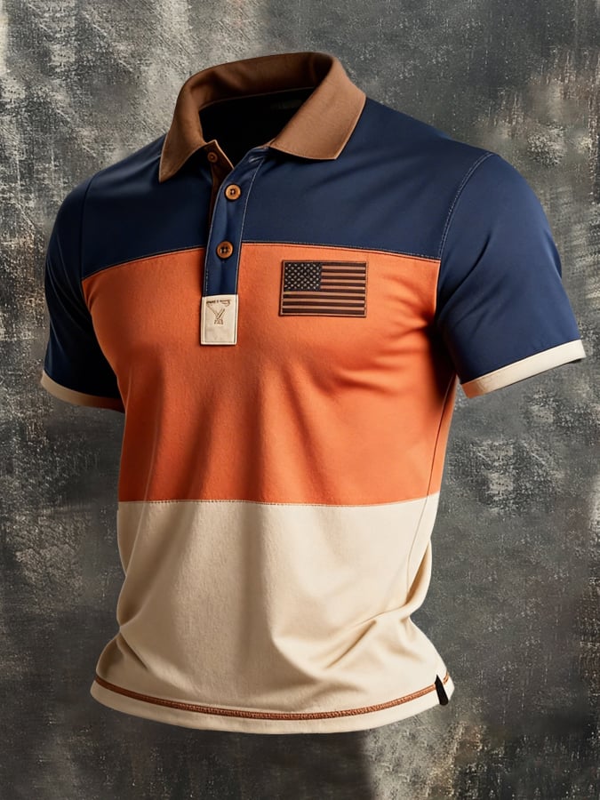 Men's Retro Patriot Color Block Polo Collar Short Sleeve