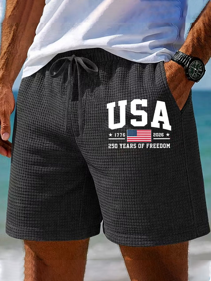 Men'S American Flag Printed Waffle Casual Shorts