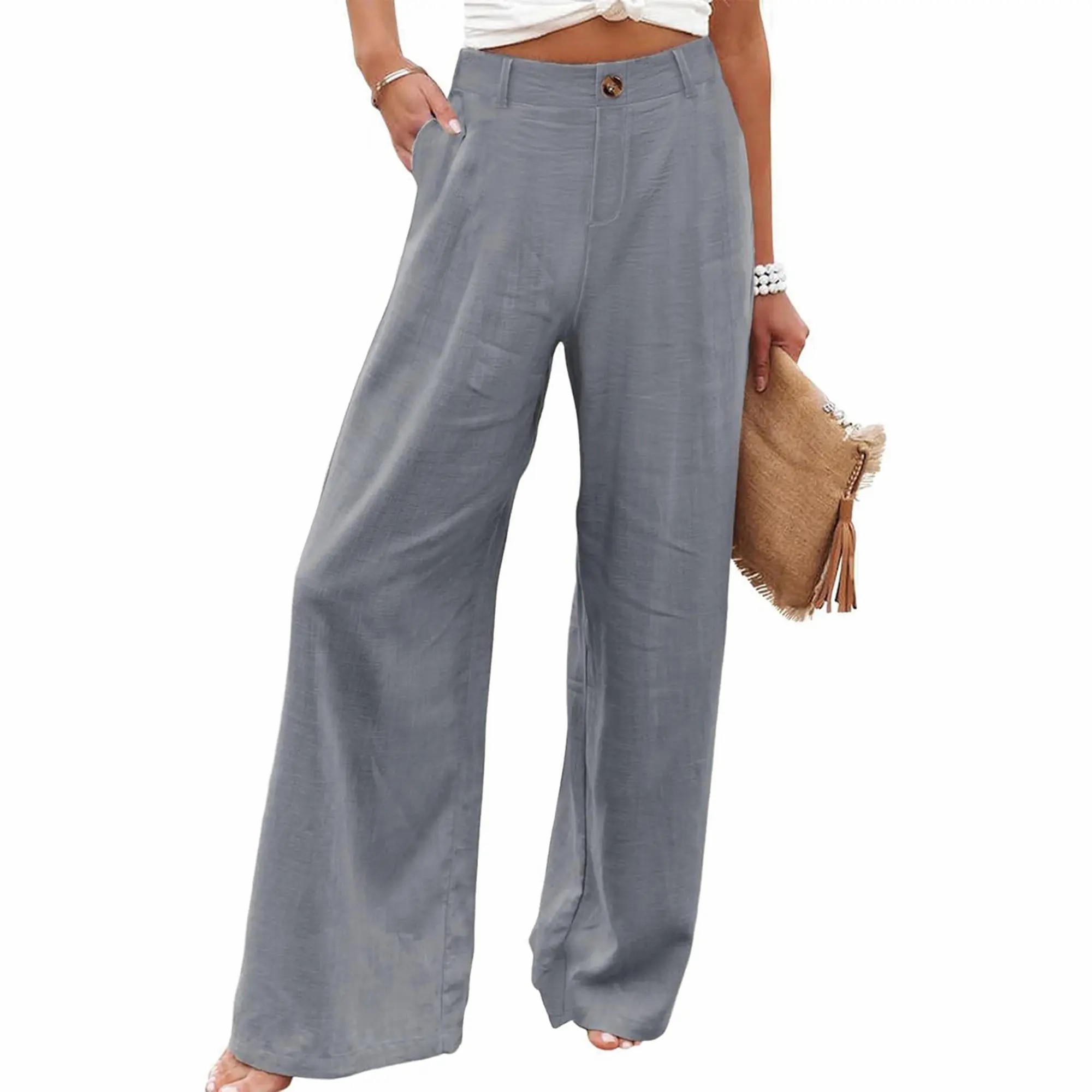 Women's High Waisted Wide Leg Linen Pants – Casual Button Up Cotton Trousers