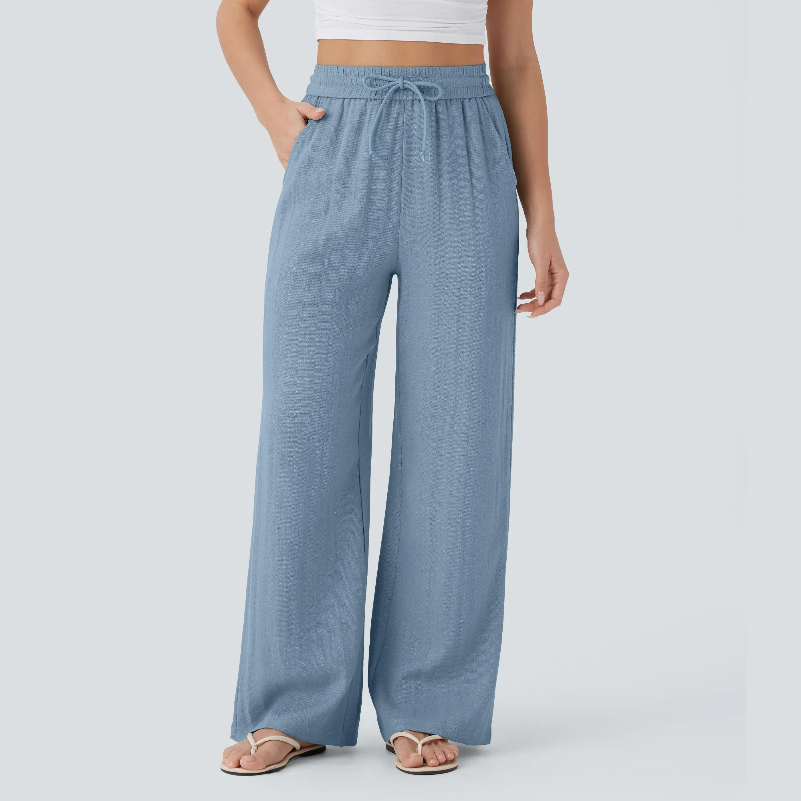 [Creator's Pick] High-Waisted, Drawstring, Pocketed, Wide-Leg Casual Trousers (Faux Linen)