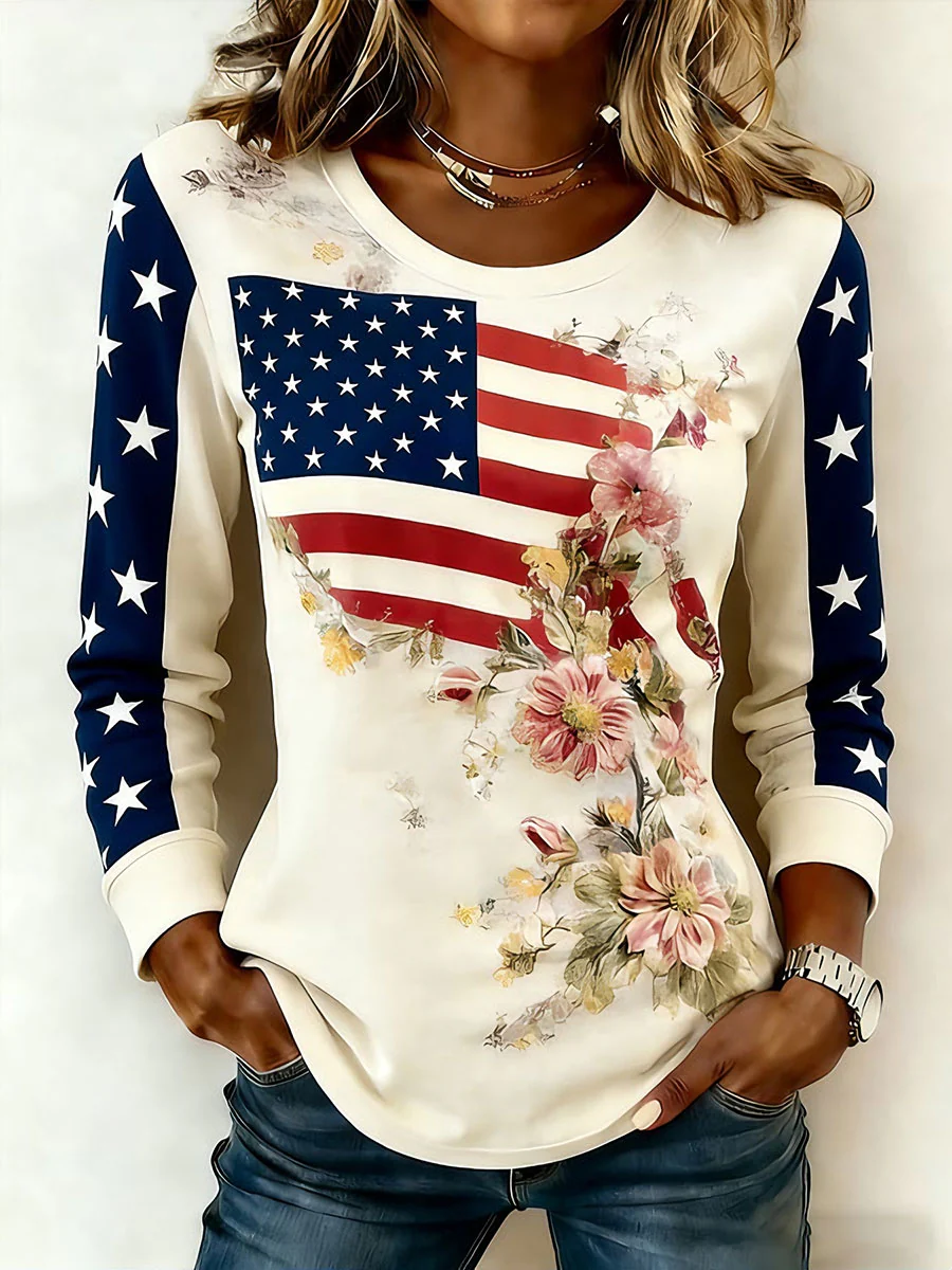 Flower Flag Patchwork Star Sleeve Design American Long Sleeved Top