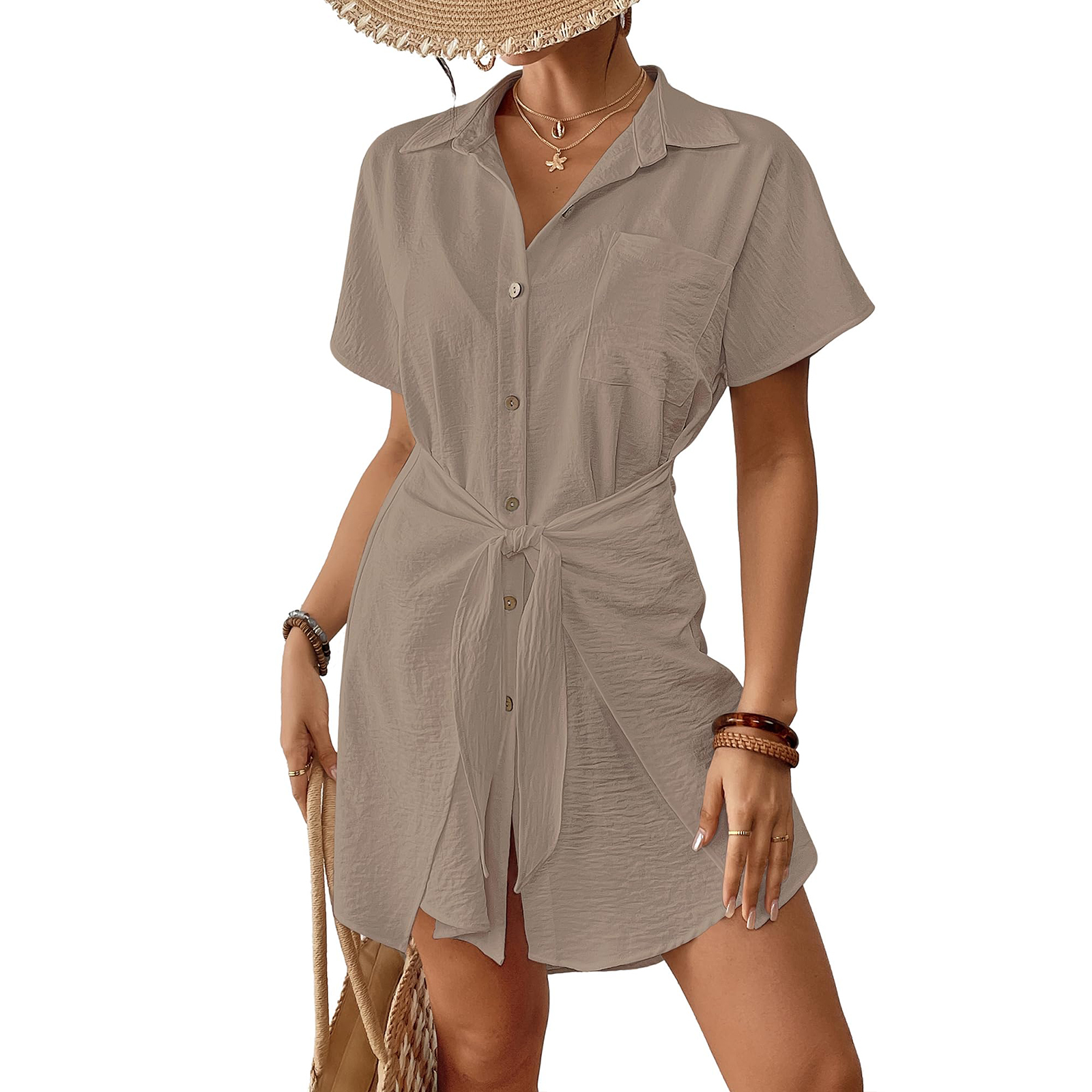 🌴 Women's Short Sleeve Tie Front Swimsuit Cover Up