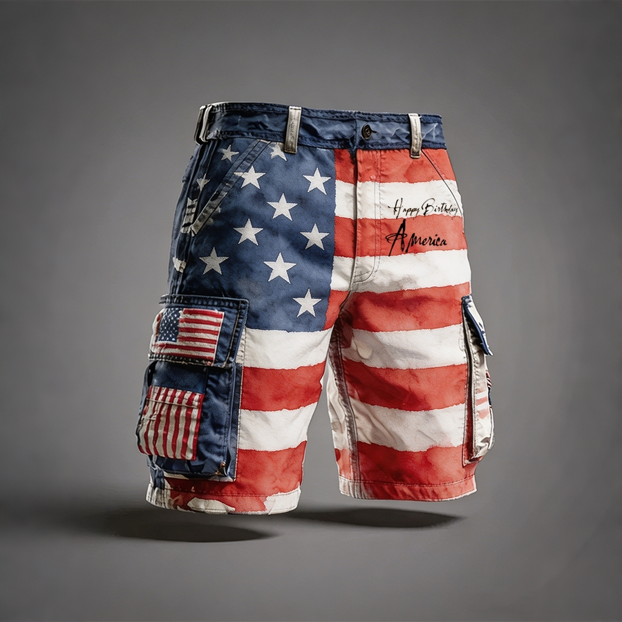Men's Distressed American Flag Happy Birthday America Cargo Shorts Cargo Shorts