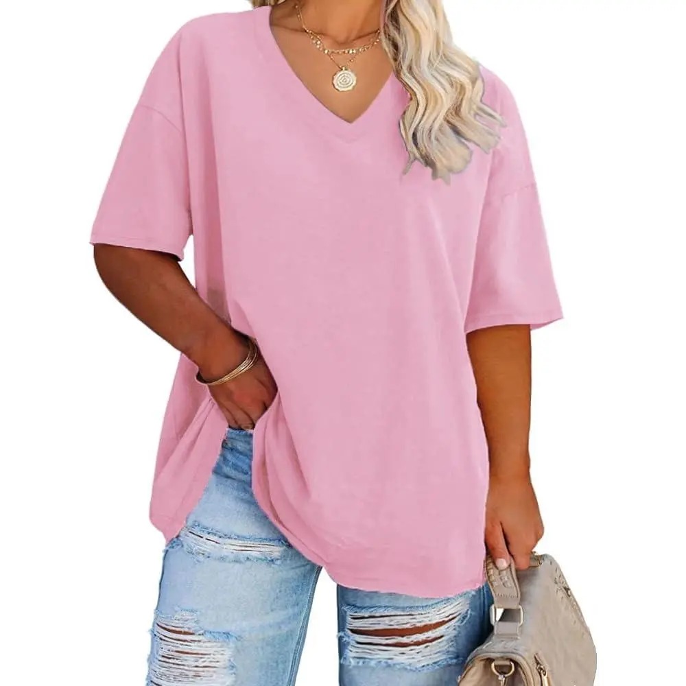 Women's V-Neck Short Sleeve Tunic Top Casual Loose Fit Soft Cotton Summer Tee