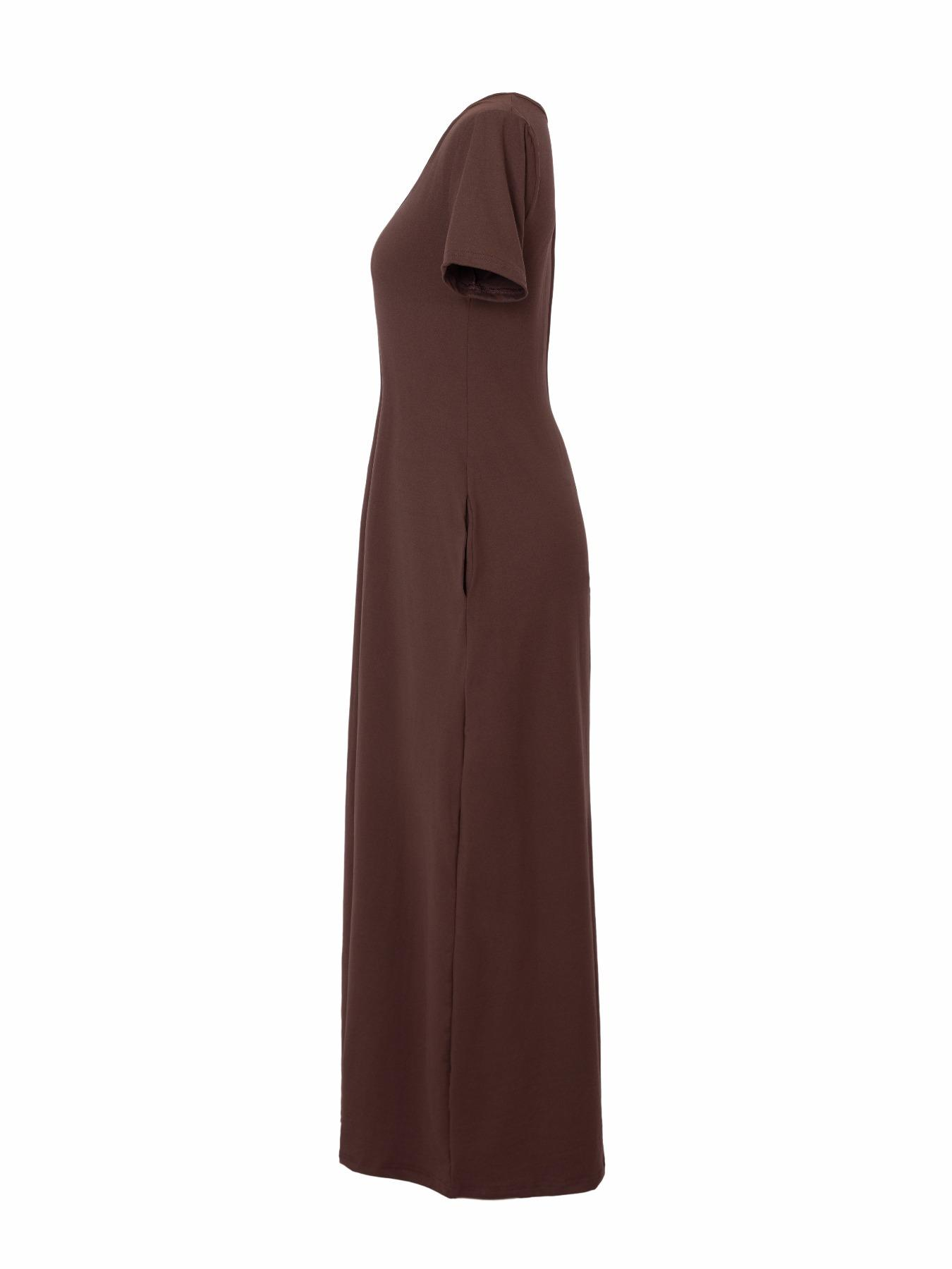 🔥🔥 Last Chance! 6 Pieces for $24.9, Today Only! 🔥Women's Long Coffee Color Dress, Casual Fitted Style, Large Round Neck Short Sleeve Pocket Sleepwear, Soft Fabric All Seasons Wear