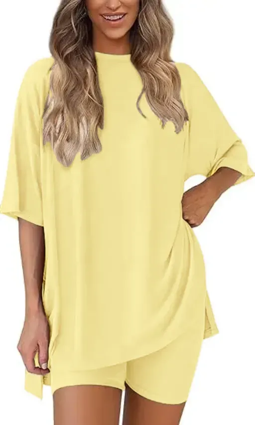🔥Women's Two Piece Lounge Set 2026 Summer Casual Oversized Shirts Biker Shorts Matching Airport Travel Outfit