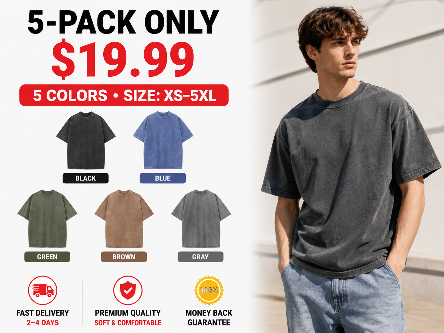Retro Heavyweight Pure Cotton T-Shirt — Acid-Washed, Distressed, Loose-Fit Casual Top
