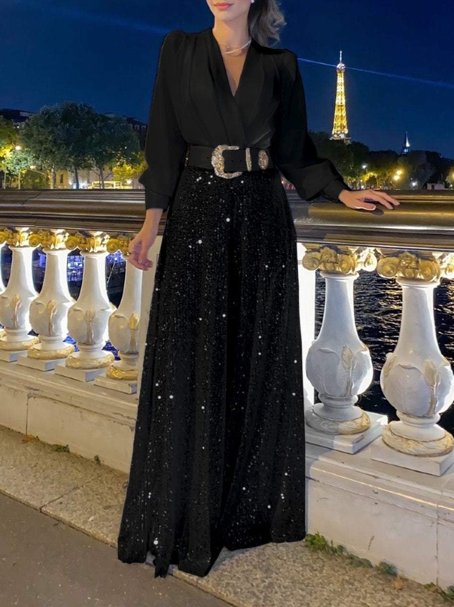 Stylish V-Neck Long Sleeve Shirt & Sequin Wide Leg Pants Set  Clearance Sale