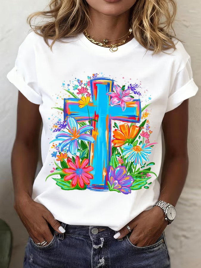 Women's Spring Floral Cross Faith Print T-Shirt