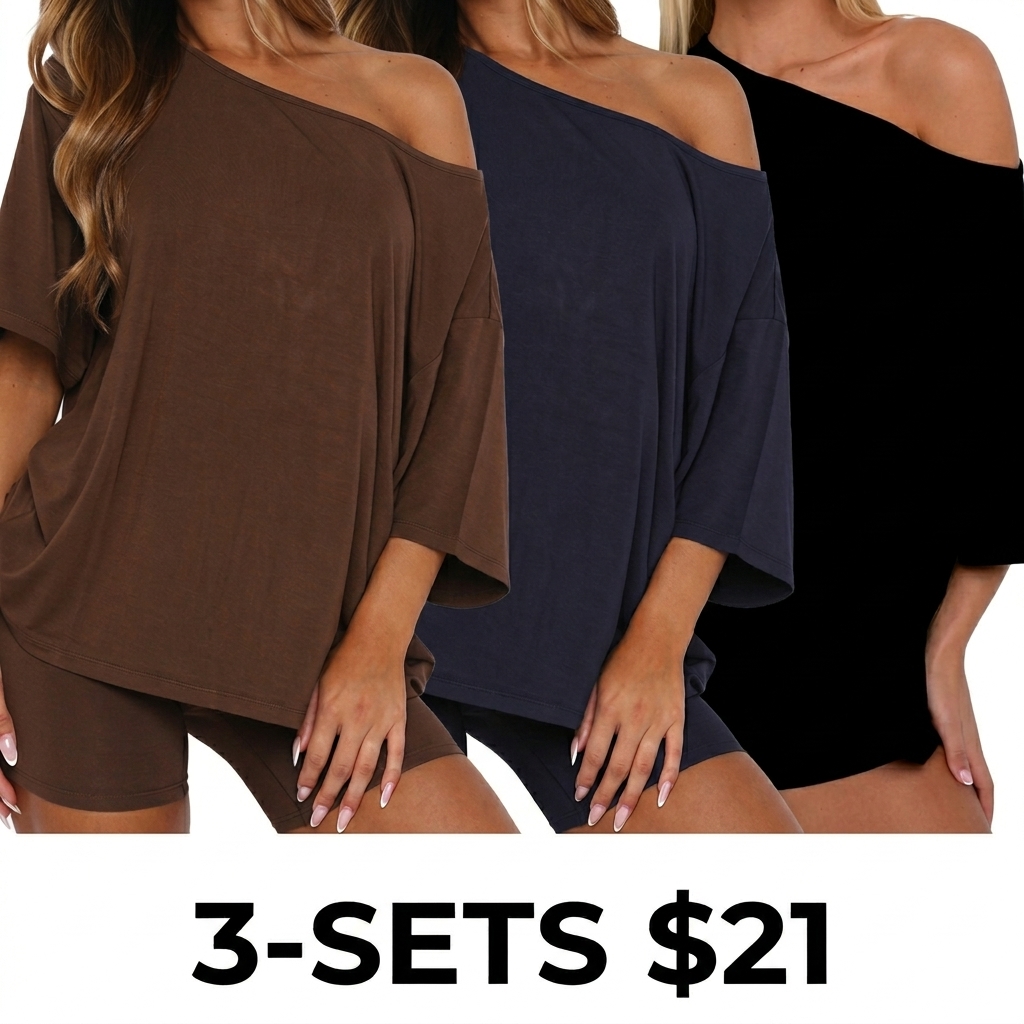 Women's Off Shoulder Lounge Set – Relaxed Top & Fitted Shorts 2-Piece Pajama Set