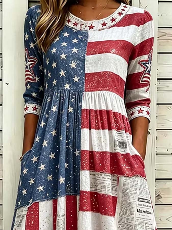 Women'S Casual Loose Dress With Independence Day Print