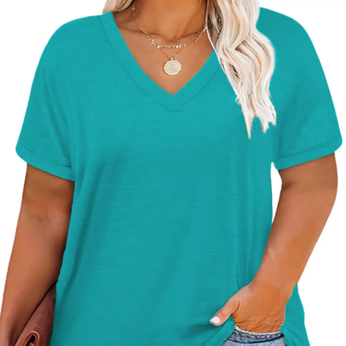 Women's Plus-Size V-Neck Short-Sleeve T-Shirt — Casual, Loose-Fit Summer Top — Soft, Breathable Basic Tee