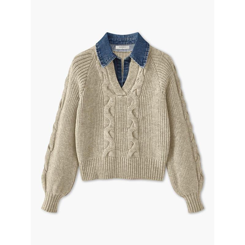 ❤️Valentine’s Day Special❤️Cable Knit Sweater with Denim Collar Detail (Relaxed Fit)