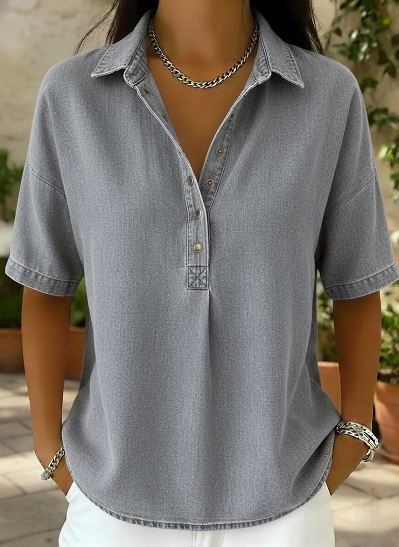 🔥Women's Relaxed Denim-Style Button Detail Top