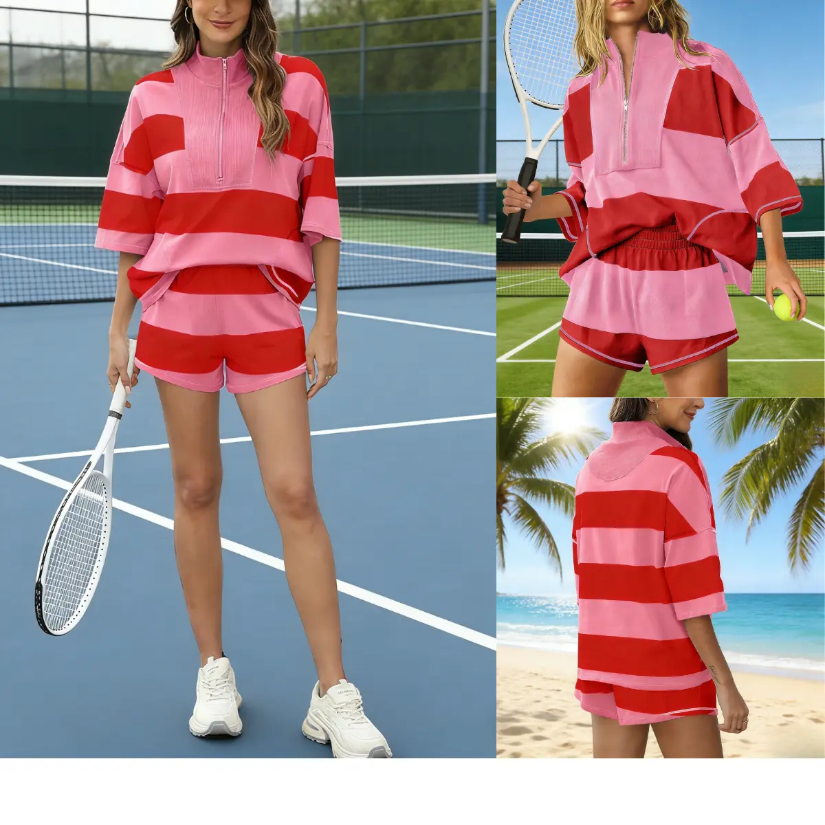 Women Striped Workout Set Two Piece Outfit Tracksuit Oversized Lounge Set Top and Shorts Sets with Pockets
