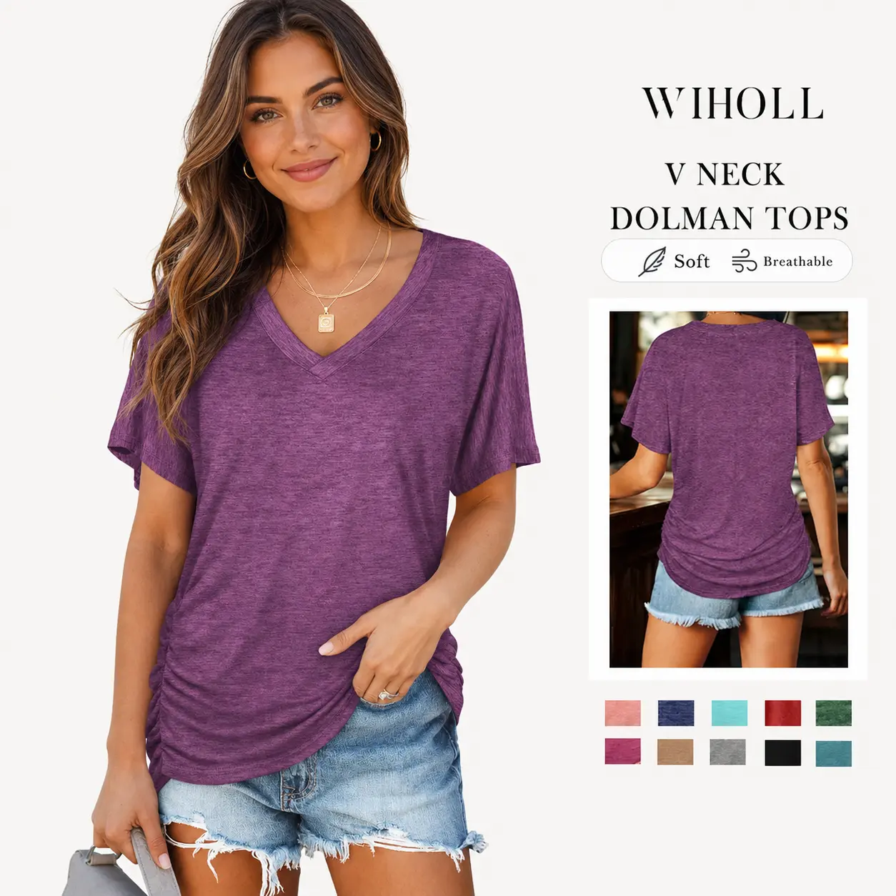 Womens Short Sleeve V Neck Dolman Tops with Side Shirring Loose Fit Shirts