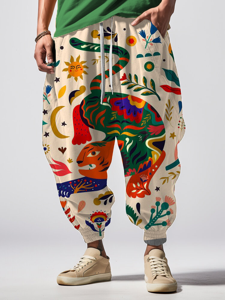 Men's Colorful Boho Tiger Floral Art Print Loose Drawstring Waist Sweatpants