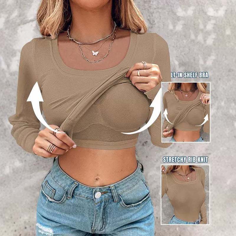 🍂🔥Womens U-Neck Built-in Bra Long Sleeve Ribbed Top Shirts Elegant Skinny Fit Fabric