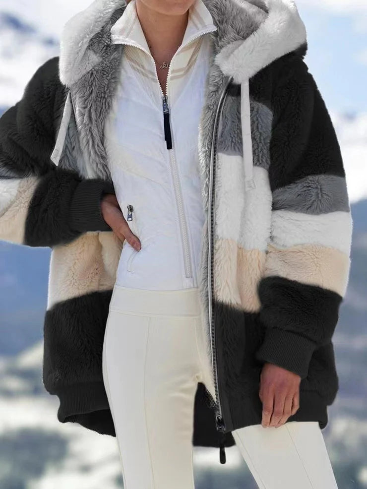 Women Long Warm Oversized Teddy Bear Coat Thick Fleece Faux Fur Hooded Jacket