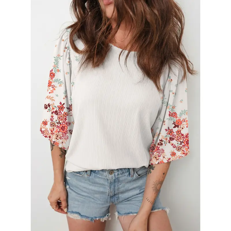Women's Bohemian-Style T-Shirt Top — Crew Neck, 3/4 Sleeves