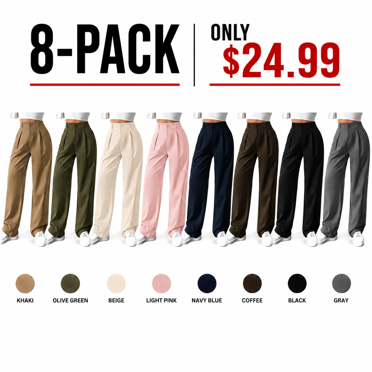 Women's Solid-Color Pleated Wide-Leg Pants with Pockets
