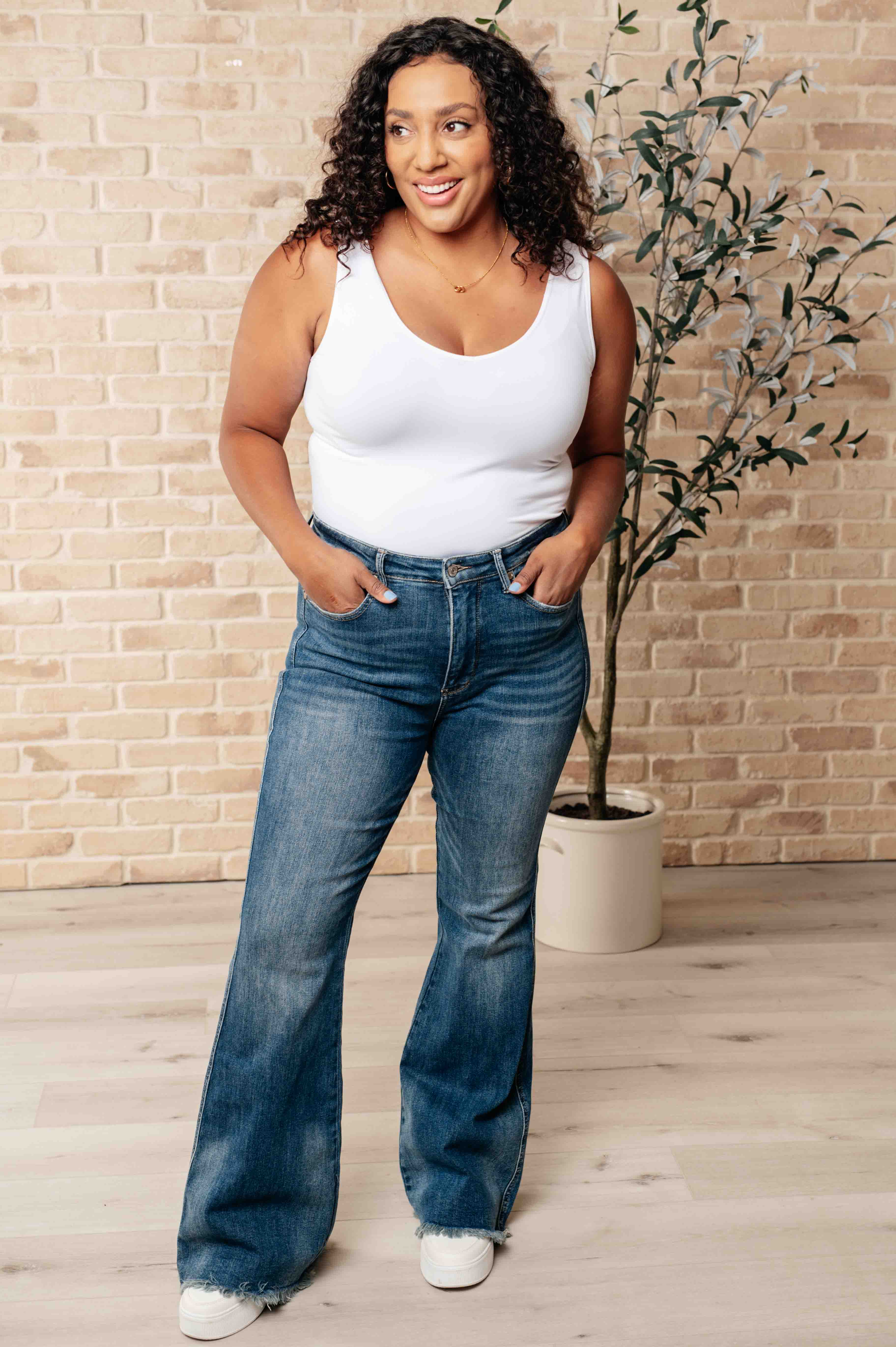 High Waist Control Top Frayed Hem Flare Jeans