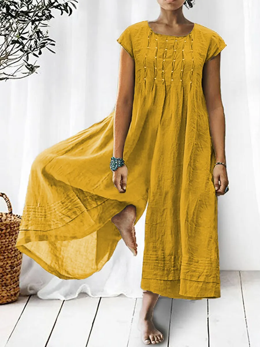 Women's Solid Color Art Casual Short Sleeve Cotton Linen Jumpsuit
