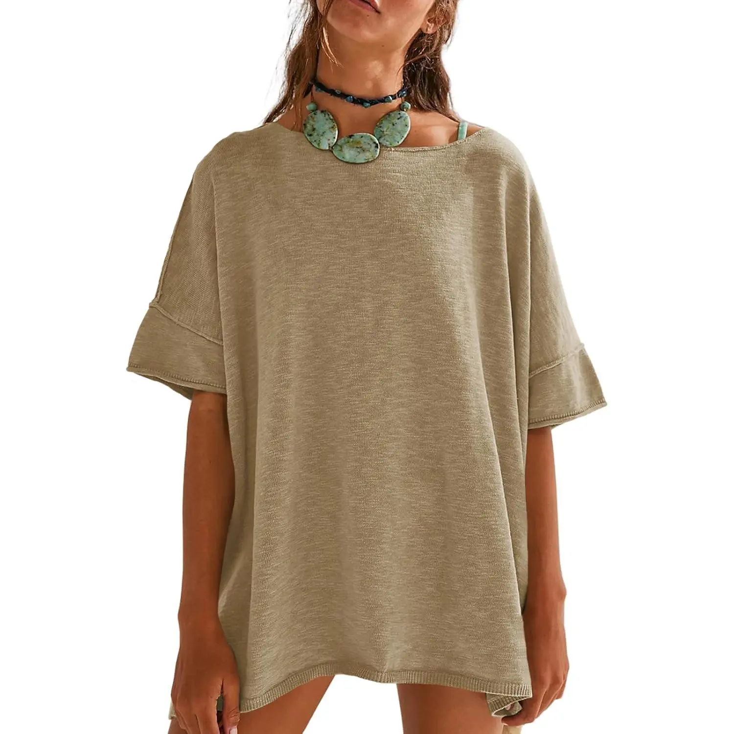 Women's Loose-Fit T-Shirt – Casual Summer Crew Neck Drop-Shoulder Short-Sleeve Top with Side-Slit Hem