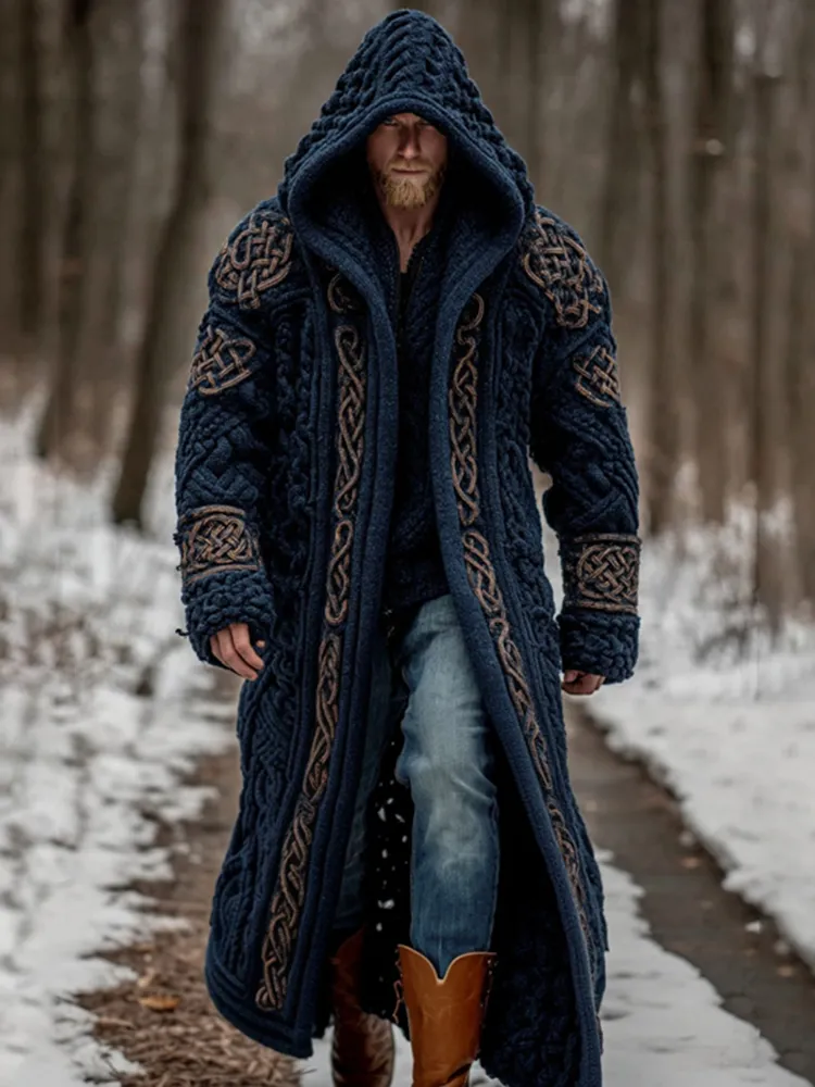 Men's Viking Celtic Knot Art Pocket Mid-length Cardigan Sweater