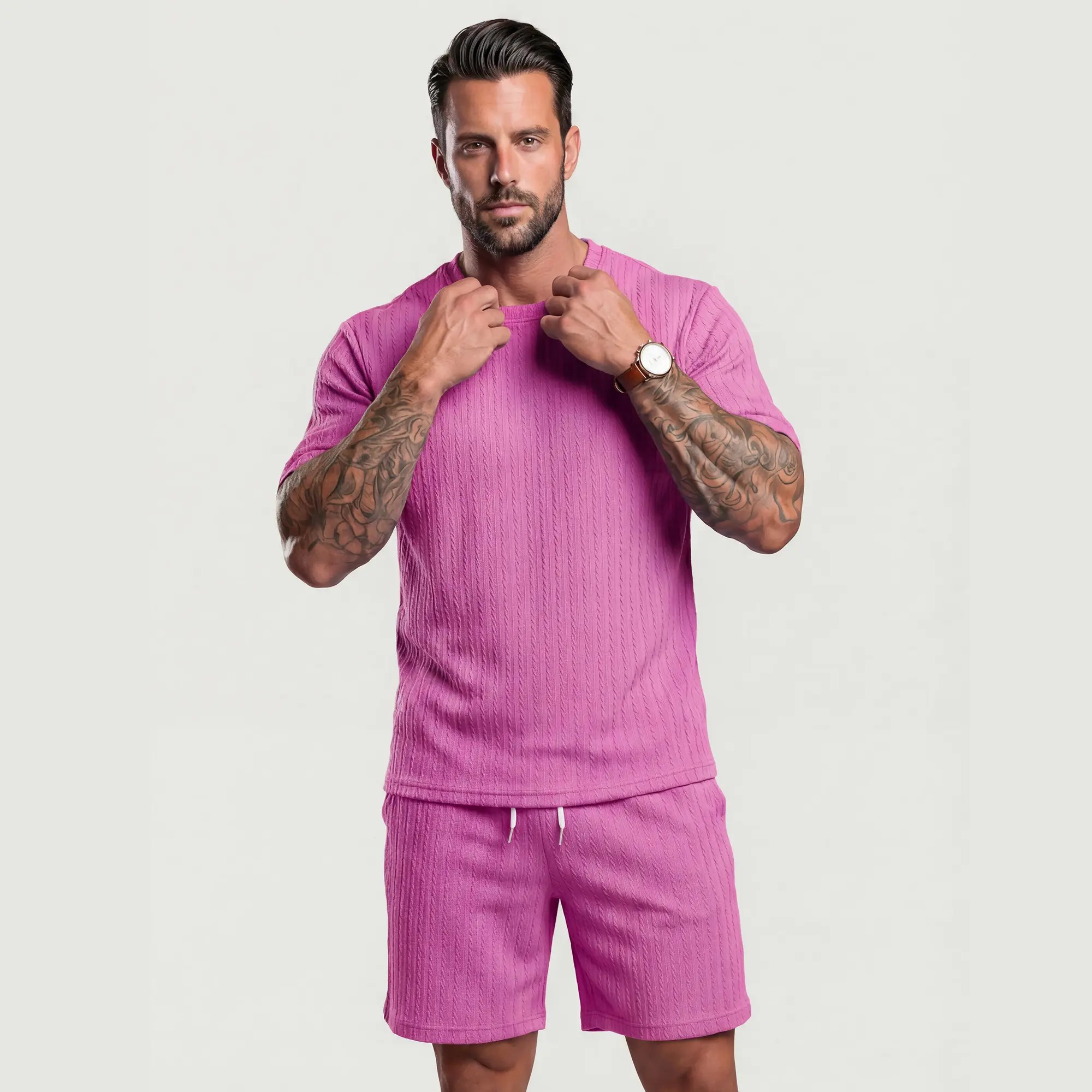Men's Solid Textured Drop Shoulder Short Sleeve Tee & Drawstring Waist Shorts Set