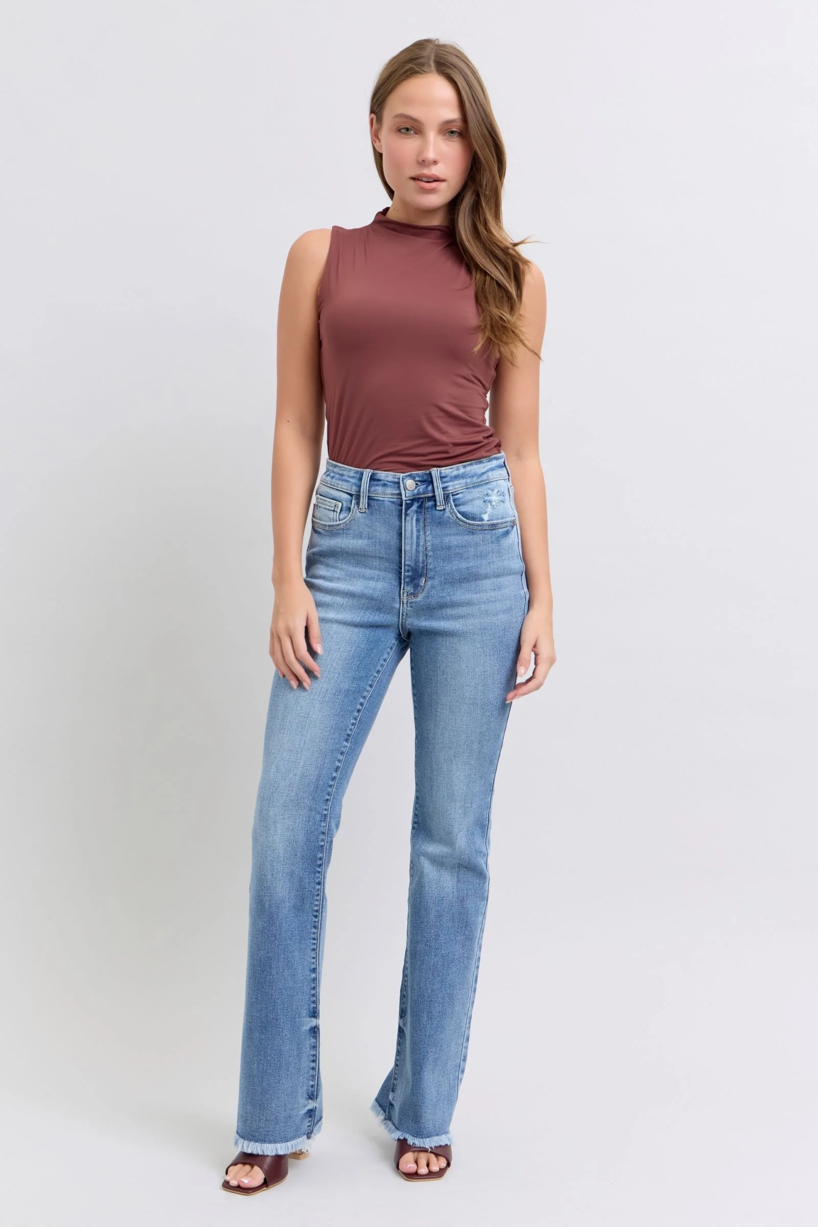 Blue Full Size Raw Hem High Rise Bootcut Jeans