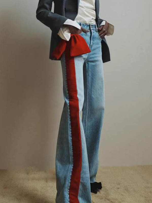 Buttoned Contrast Color Pockets Tied High Waisted Loose Jean Pants Bottoms