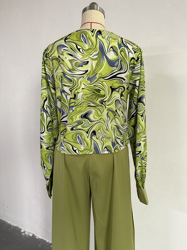 Printed Heaps Collar Long Sleeves Shirts Top + High Waisted Pants Bottom Two Pieces Set