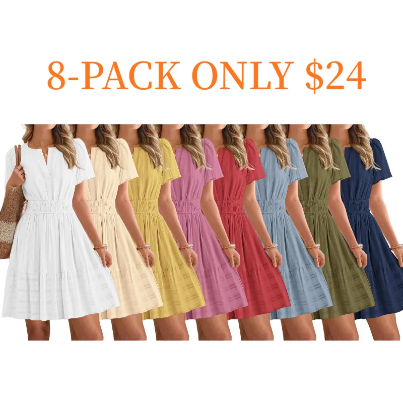 8-pack $24🔥Women's V-Neck Elastic Waist Mini Dress with Pockets💝