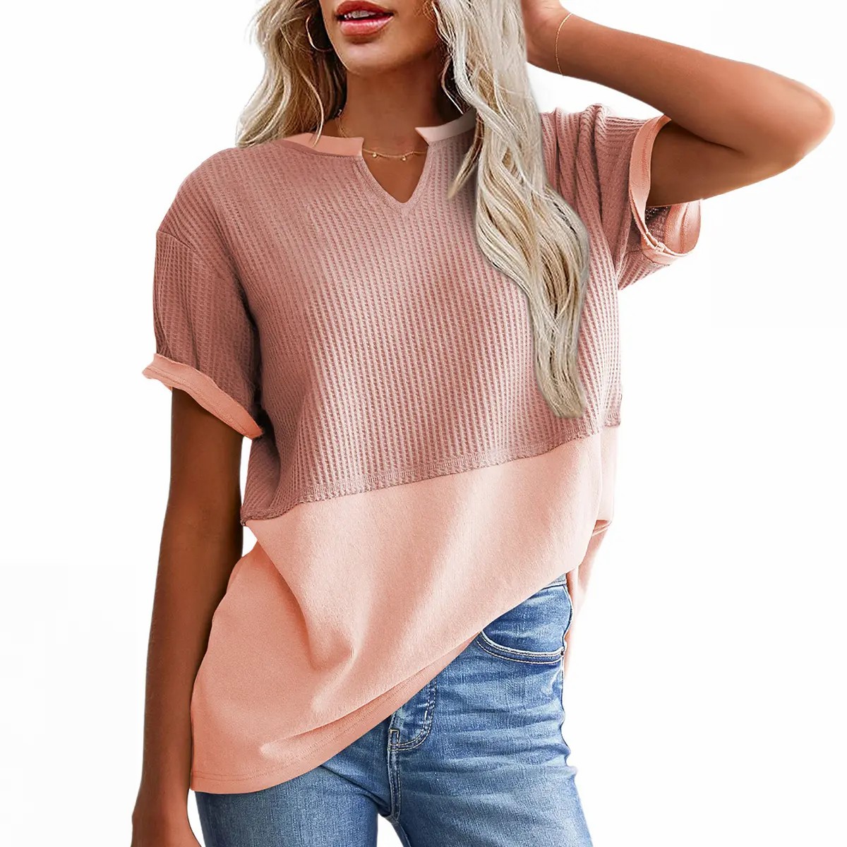 🌸 Waffle Knit V-Neck Casual Blouse