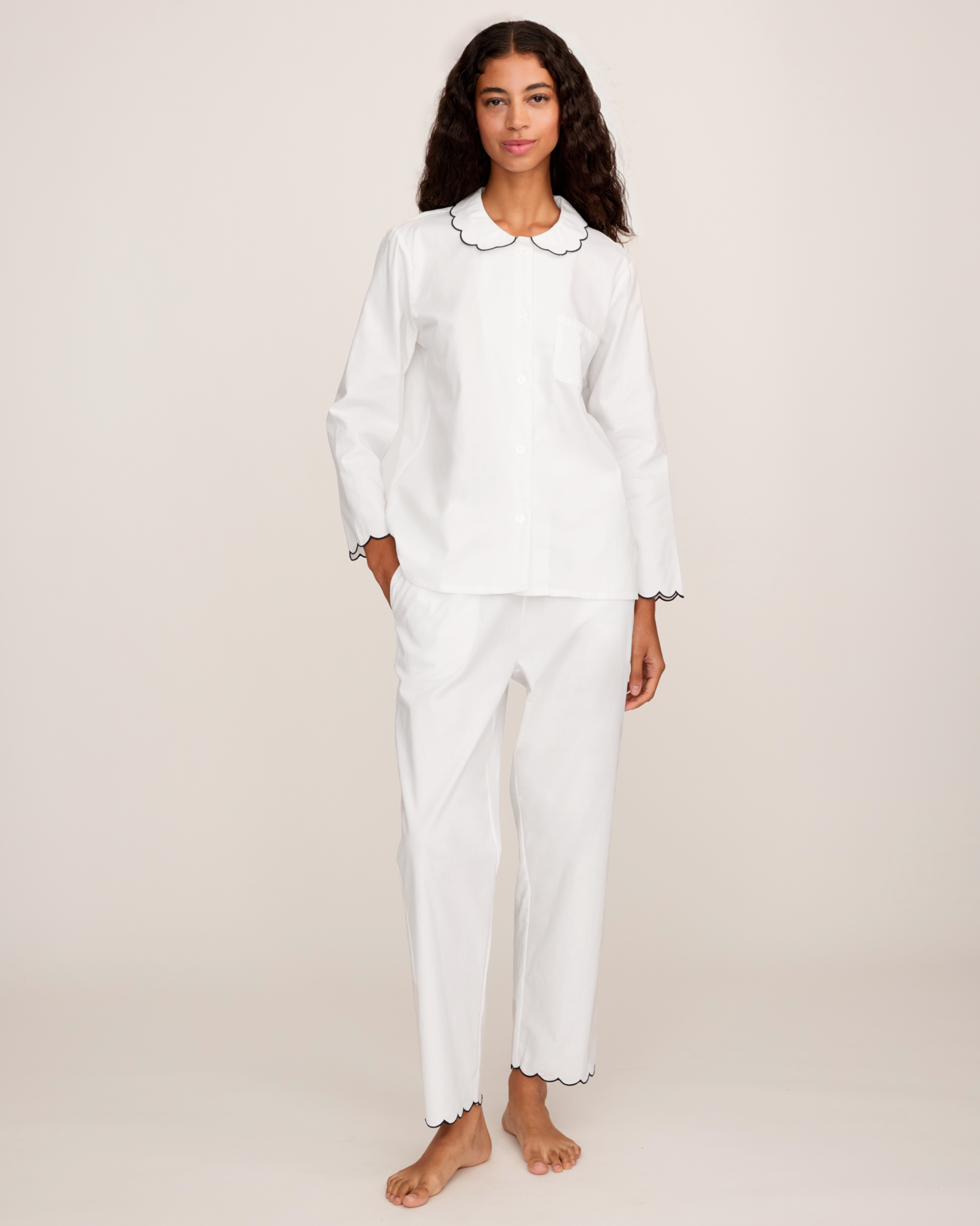 Women's Twill Colette Pajama Set in White with Navy Piping