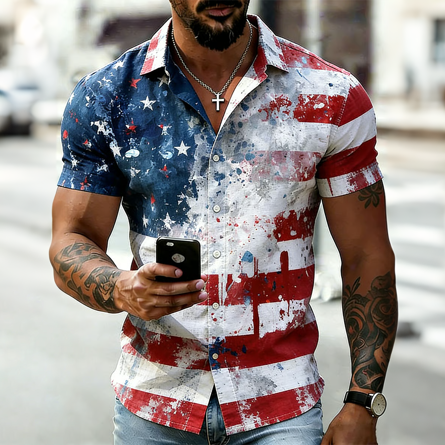 Men's Retro Art American 250th Anniversary Cotton Linen Short-Sleeve Shirt