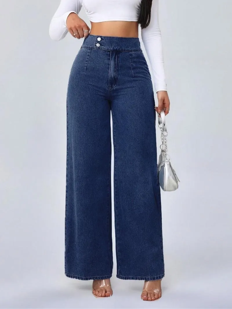 Women's Vintage Elegant High Waist Wide Leg Jeans, Button Front Elastic Waist Loose Fit