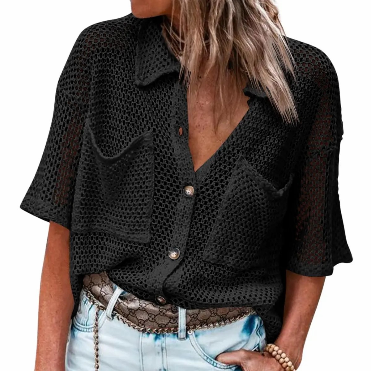 Women's Crochet Lightweight Cardigan – Short Sleeve Button Down Summer Cover Up