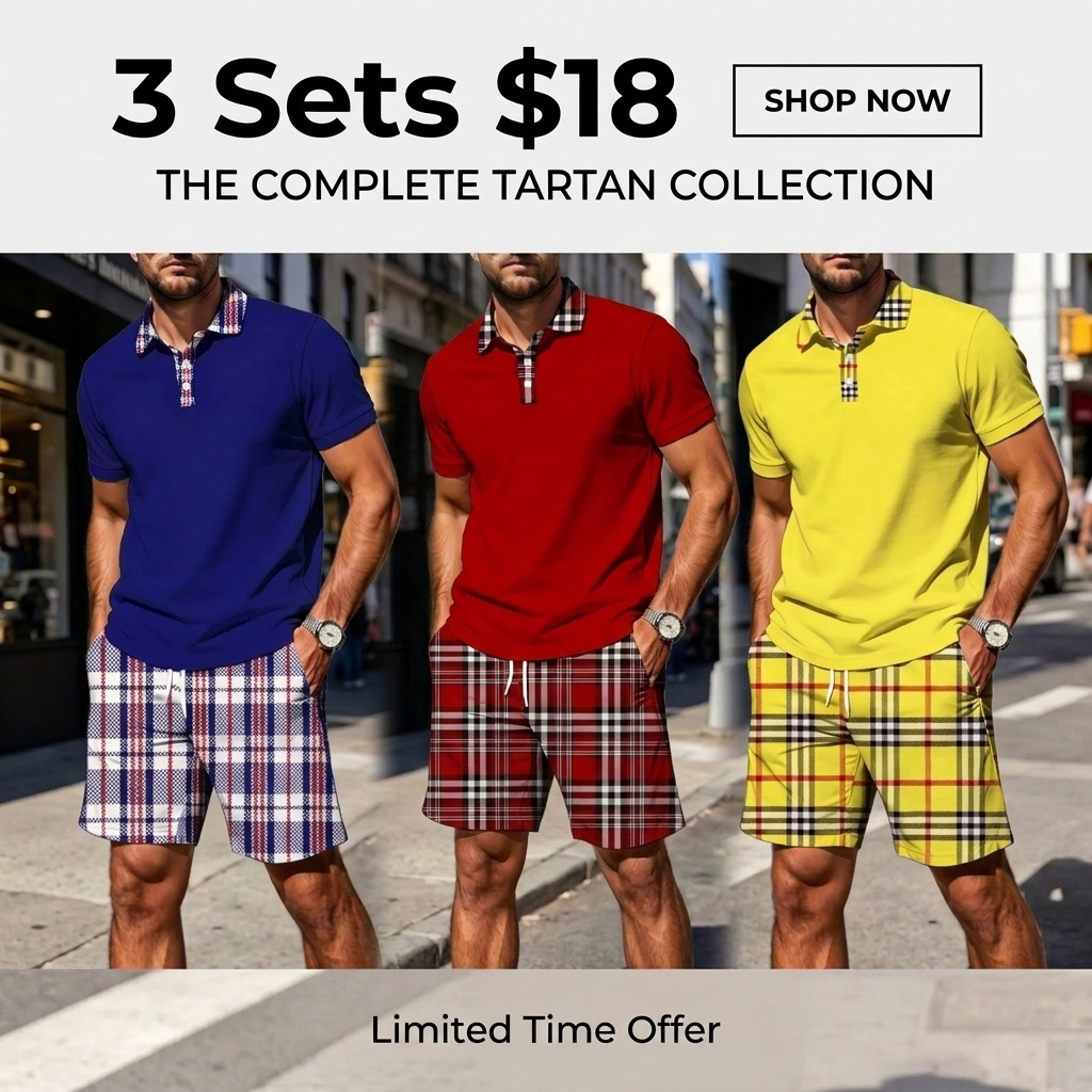 Men's Plaid Polo Shirt & Shorts Set – Casual Summer 2-Piece Outfit with Pockets