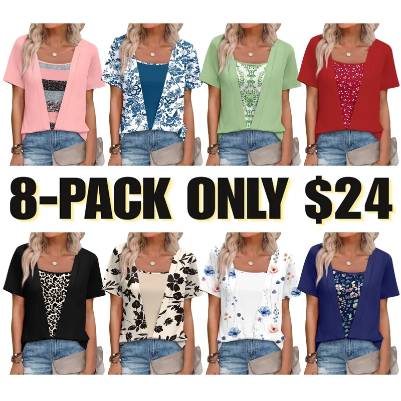 🔥8-PACK $24 - Women's 2-in-1 Short Sleeve Summer Casual Blouse