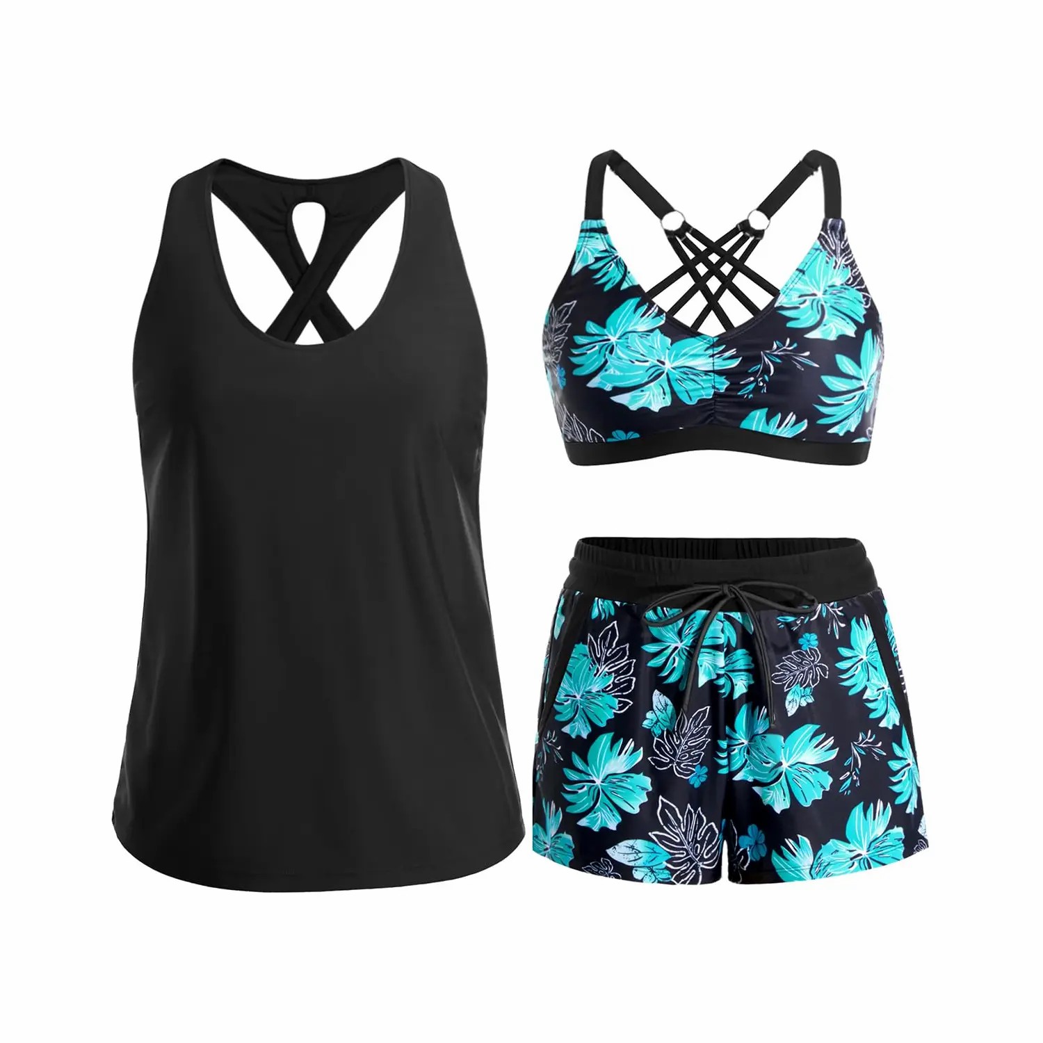 Women's 3-Piece Tankini with Swim Shorts – Modest Athletic Bathing Suit with Pockets