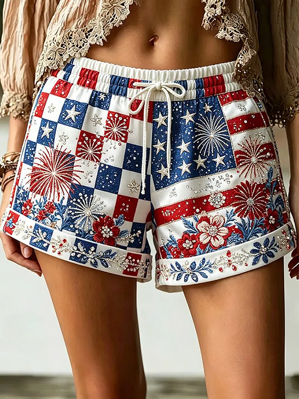 Women's American Flag Color Matching Plaid Floral Pattern Art Print Casual Shorts