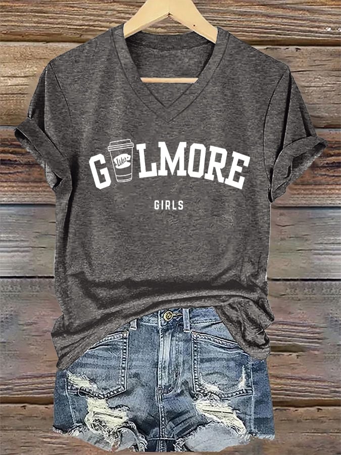 🔥HOT SALE🔥V-Neck Retro Fall Stars Hollow Luke’s Coffee Cup Girls Print T-Shirt