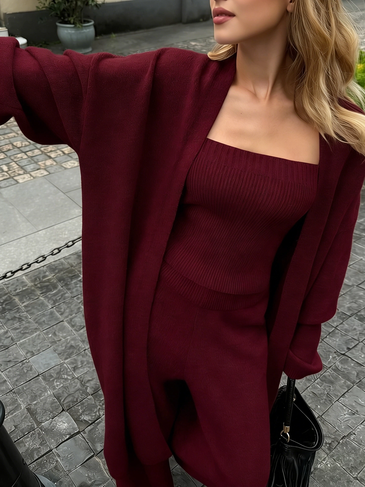 Three-Piece Knit Bustier Cardigan Pants Set